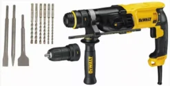Perforateur DEWALT SDSPlus 800W - Mandrin + Poignée + Mallette De Transport + 3 Burins + 3 Forets - D25134KP